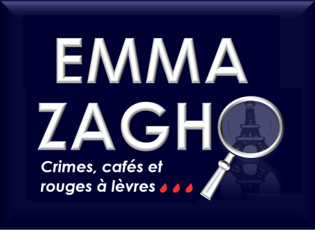 Logo Emma Zagho, avec loupe et Tour Eiffel. Crimes, cafés et rouges à lèvres.